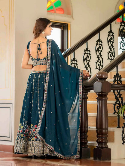 Dark Teal Blue Embroidered Lehenga Choli