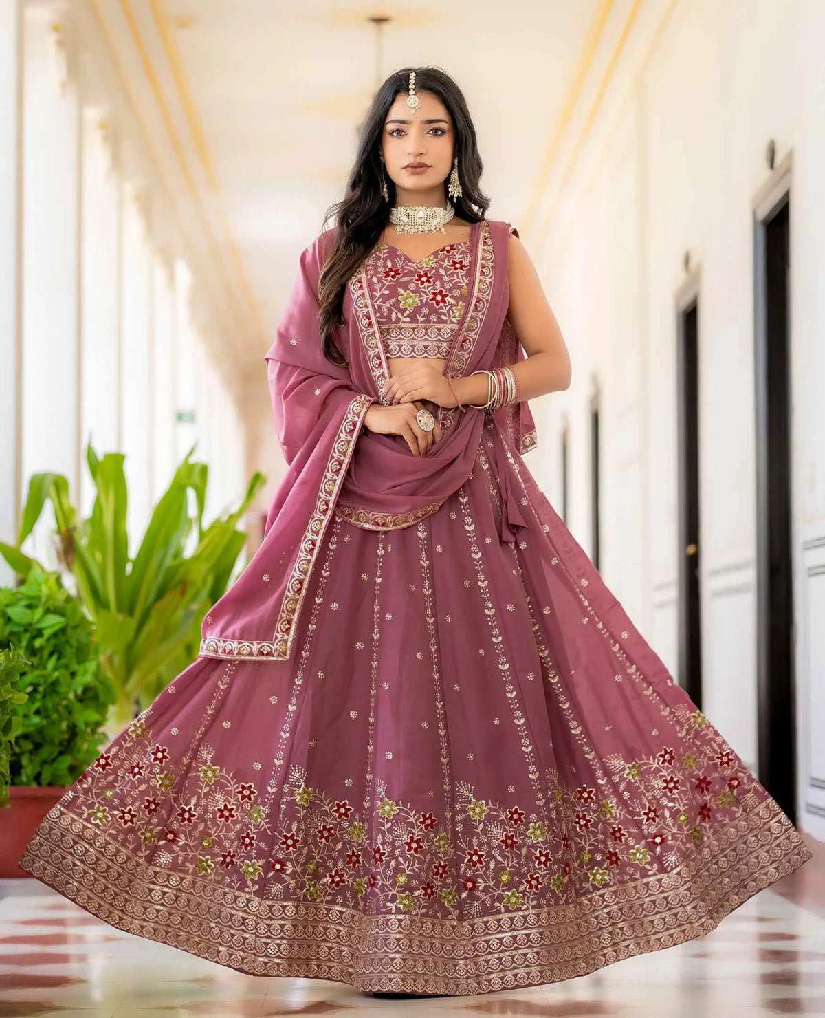 Peach Embroidery Work Lehenga Choli