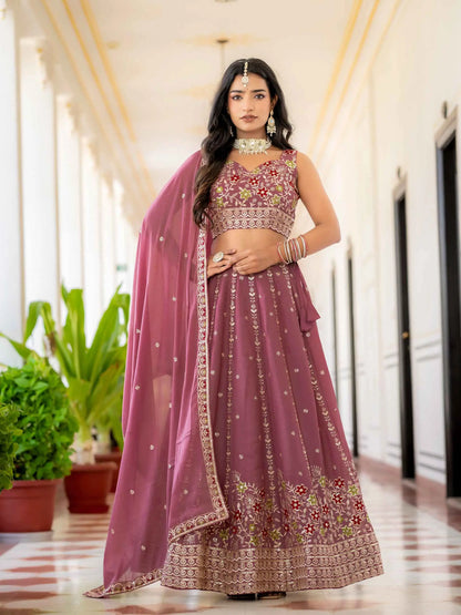Peach Embroidery Work Lehenga Choli