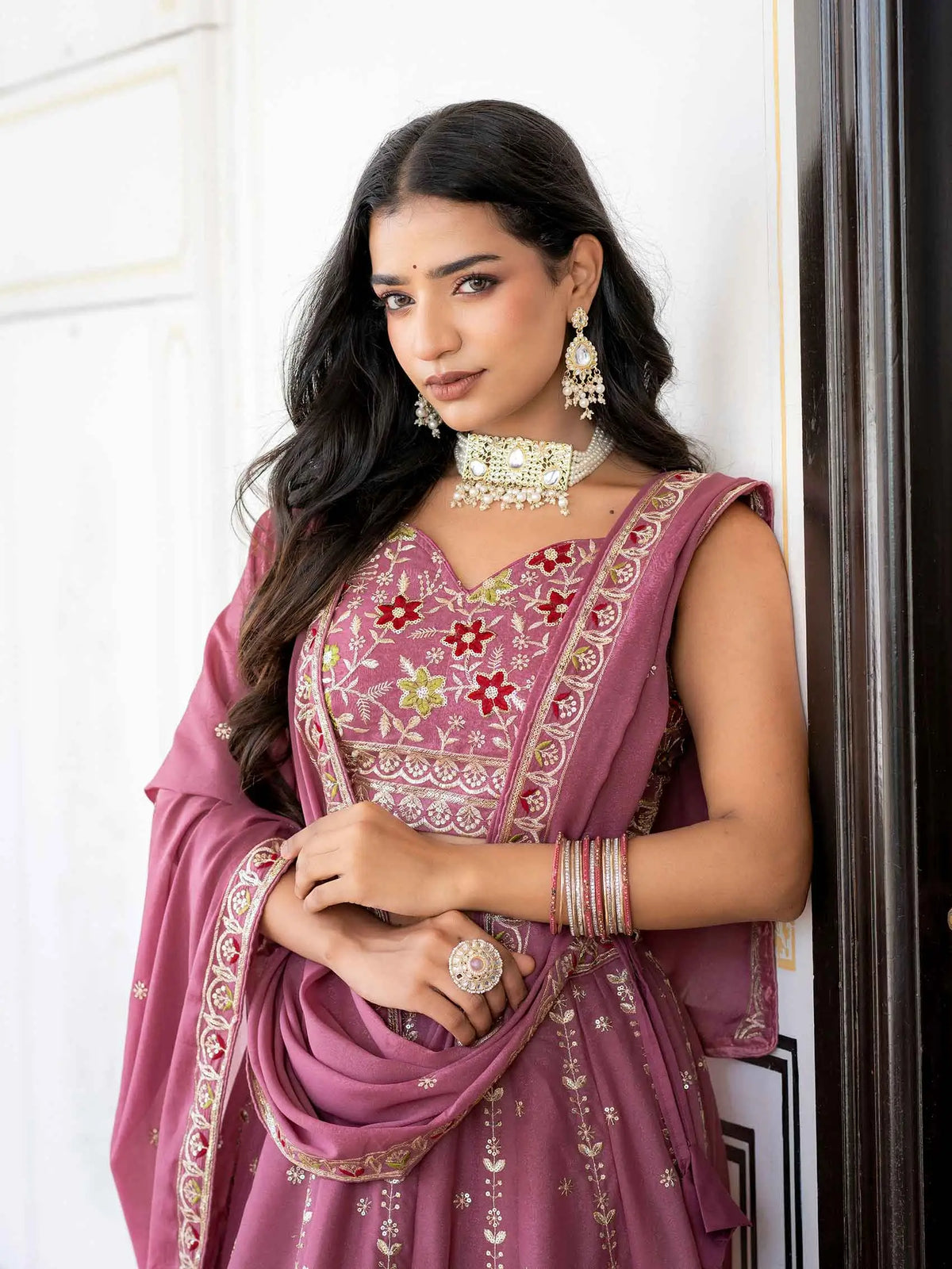 Peach Embroidery Work Lehenga Choli