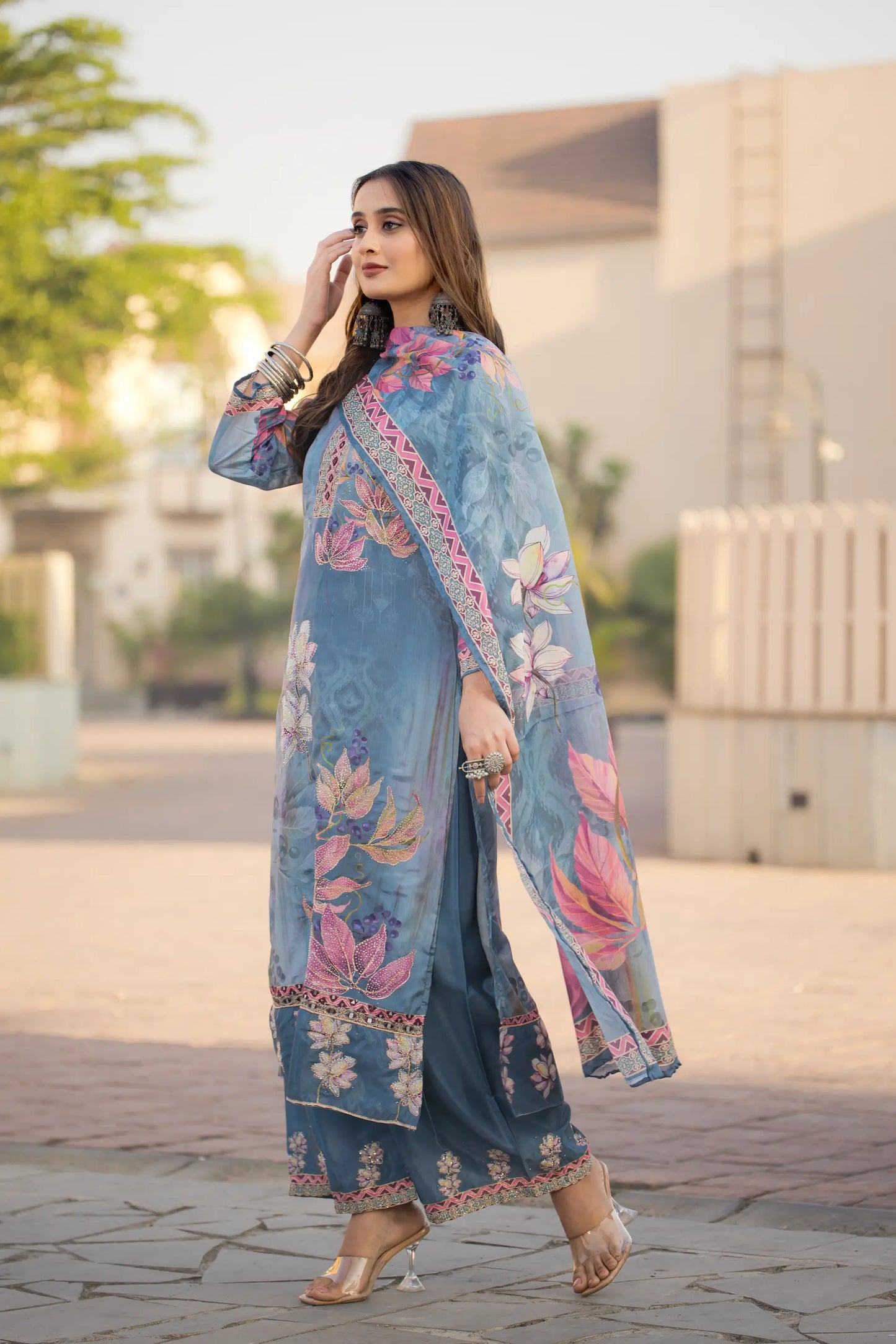 Sky Blue Chinon Handwork & Printed Salwar Suit