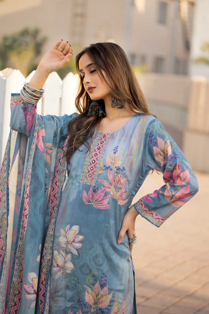 Sky Blue Chinon Handwork & Printed Salwar Suit