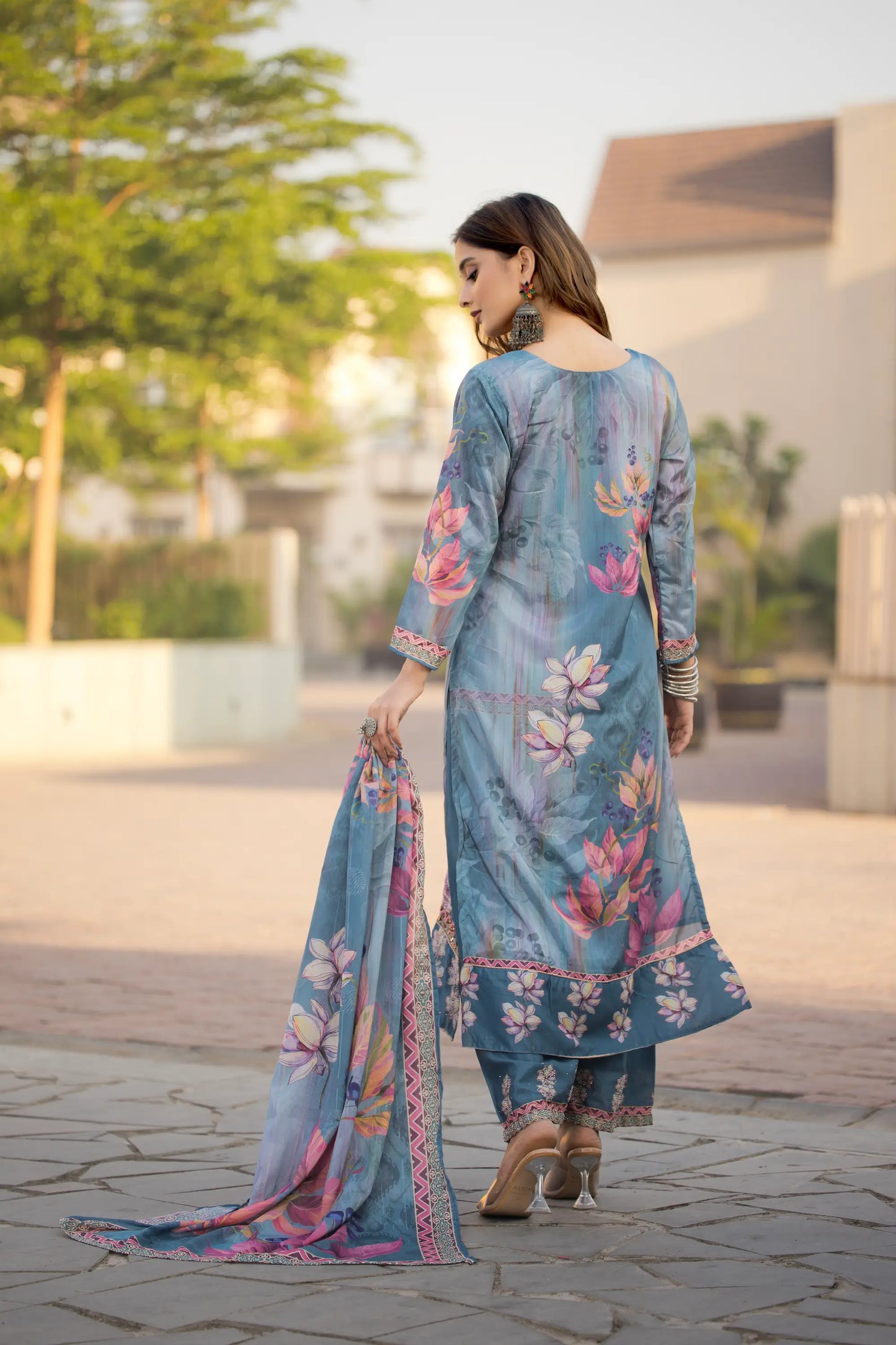 Sky Blue Chinon Handwork & Printed Salwar Suit