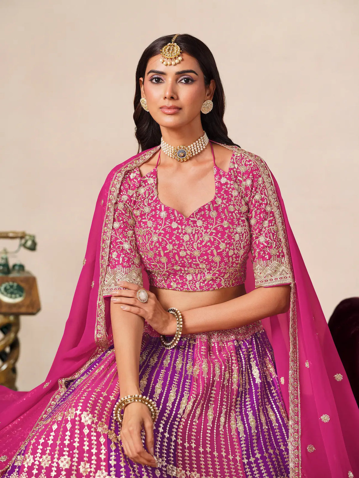 Pink-Purple Embroidered Lehenga Choli