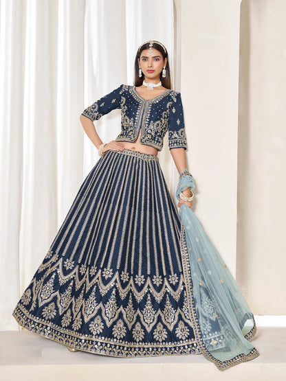 Navy Blue Art Silk Thread & Sequins Embroidery Lehenga Choli