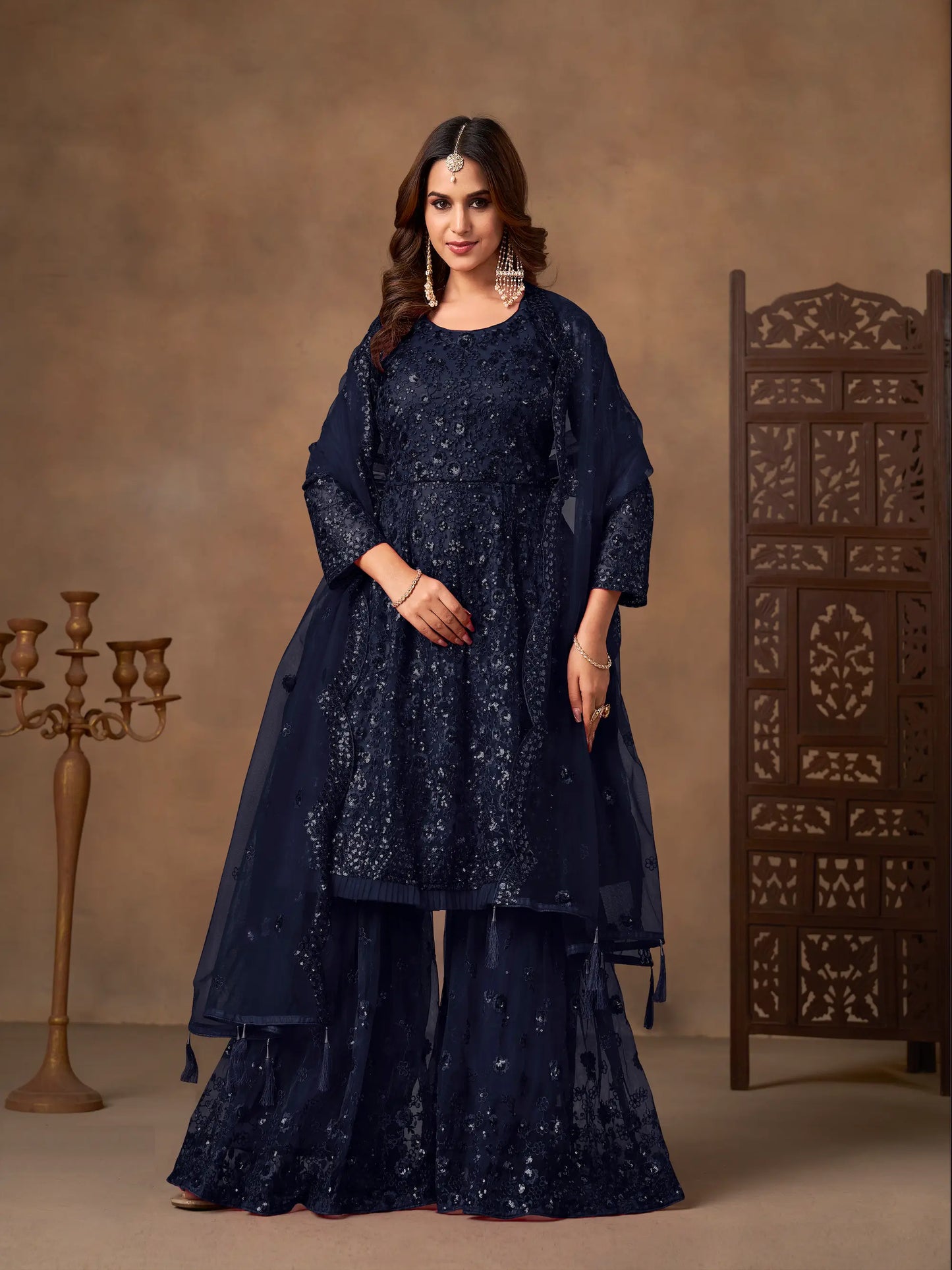 Navy Blue Net Embroidery Work Sharara Set