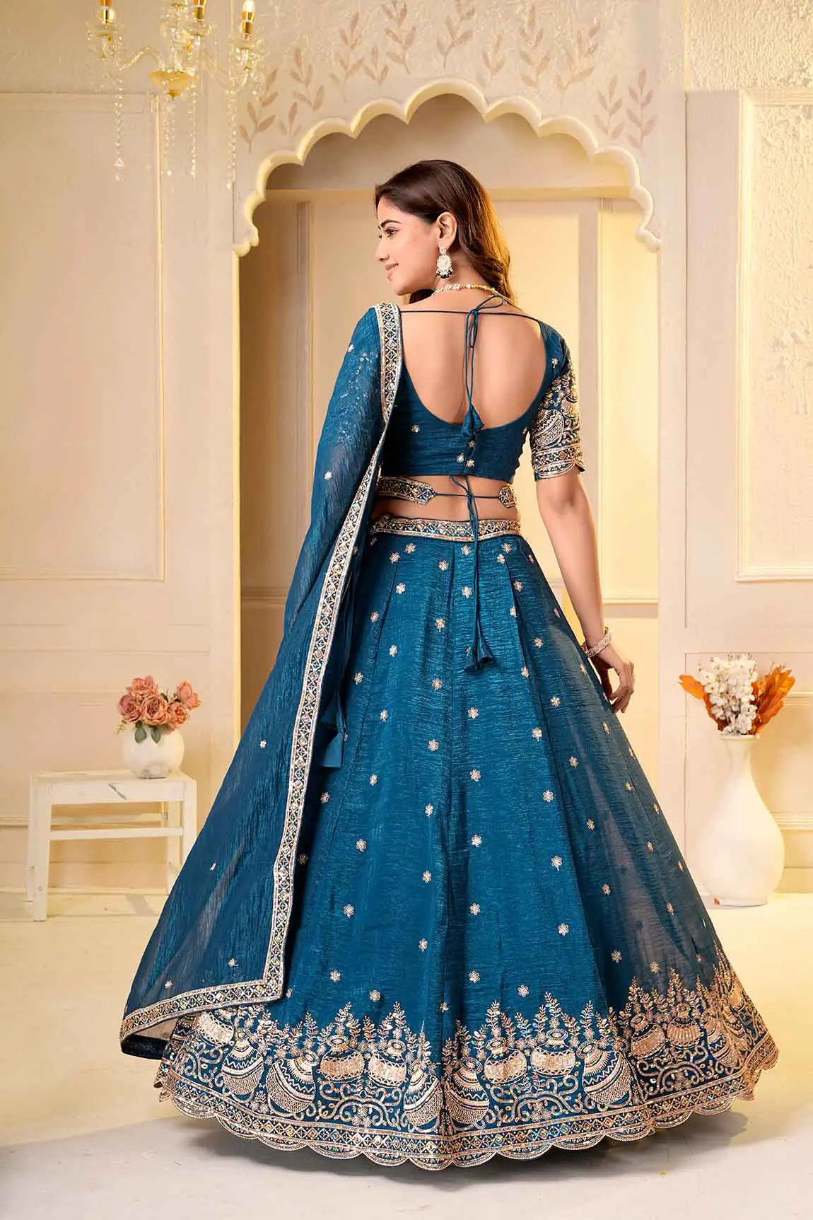 Teal Blue Embroidered Silk Lehenga Choli