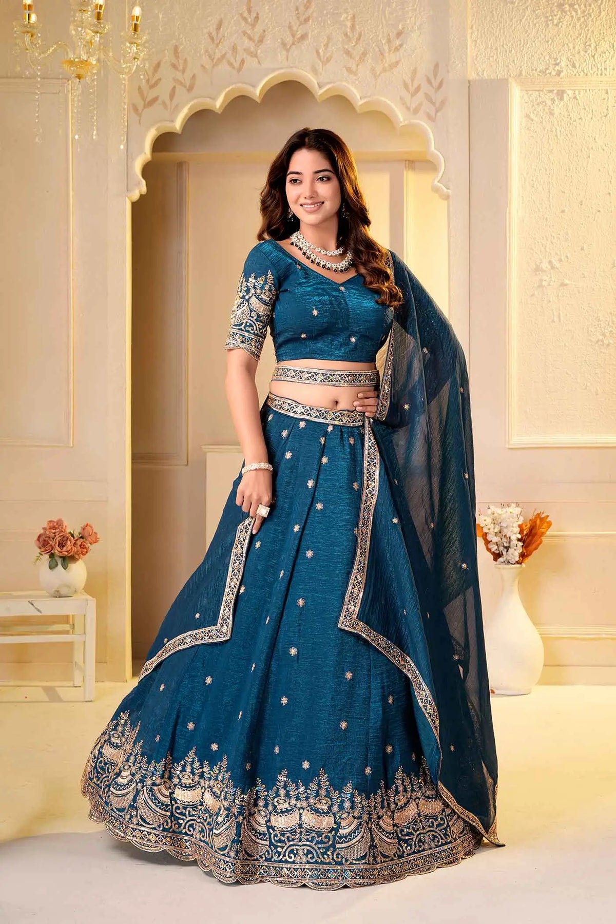 Teal Blue Embroidered Silk Lehenga Choli