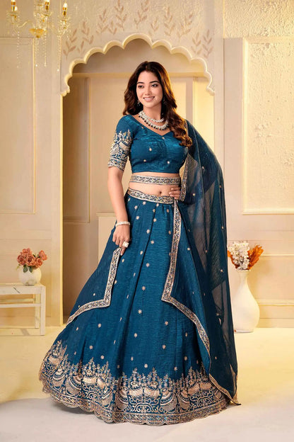 Teal Blue Embroidered Silk Lehenga Choli
