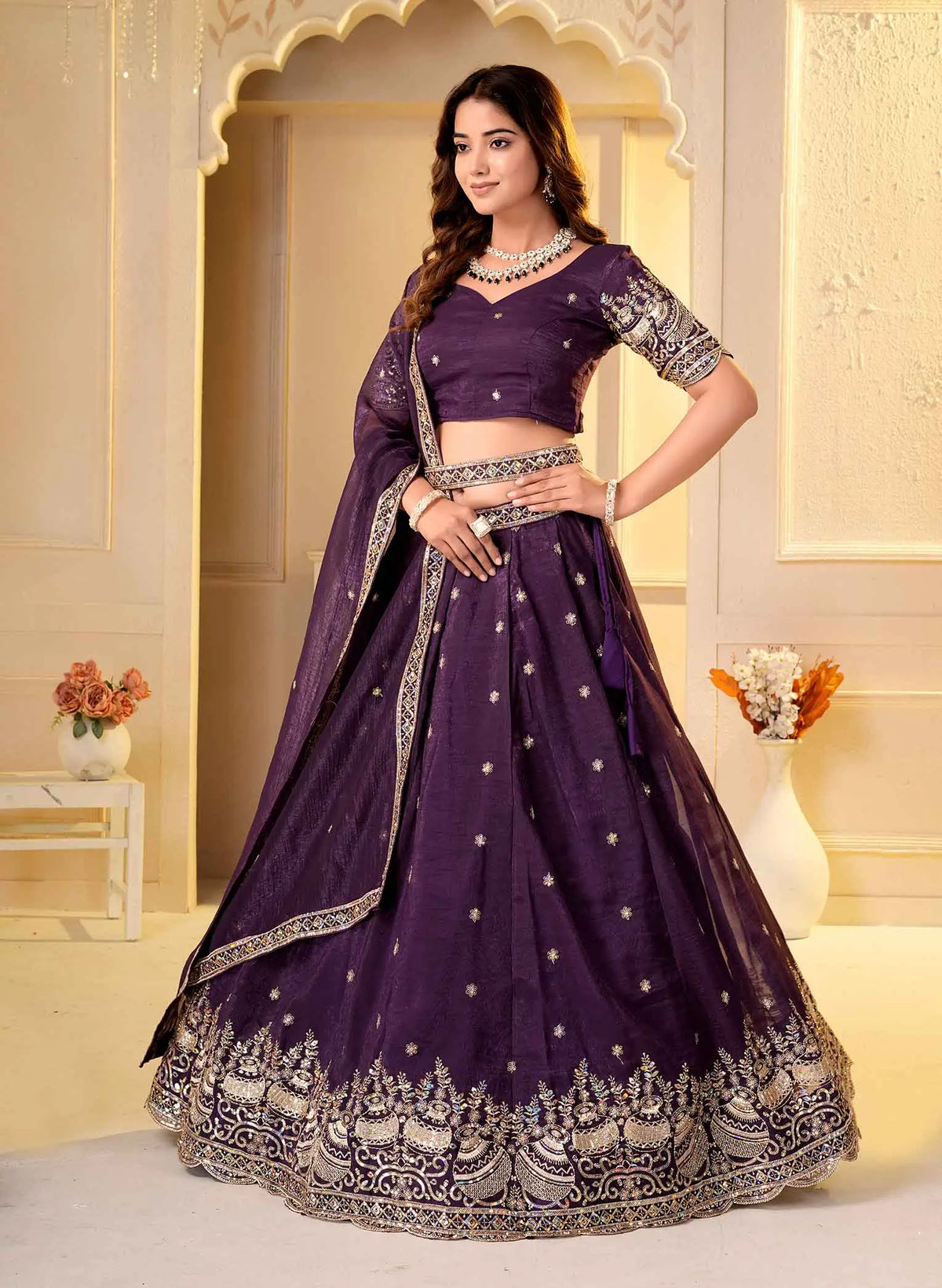 Wine Embroidered Crunchy Silk Lehenga Choli