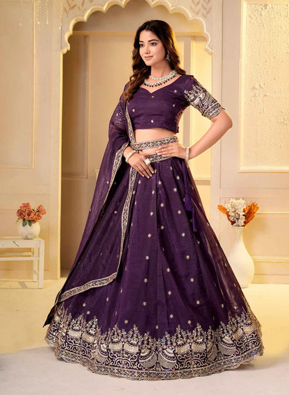 Wine Embroidered Crunchy Silk Lehenga Choli
