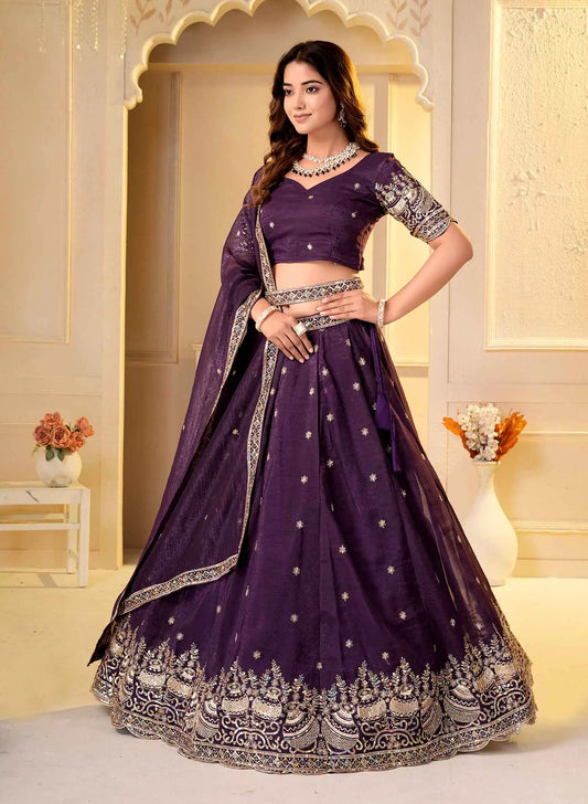 Wine Embroidered Crunchy Silk Lehenga Choli