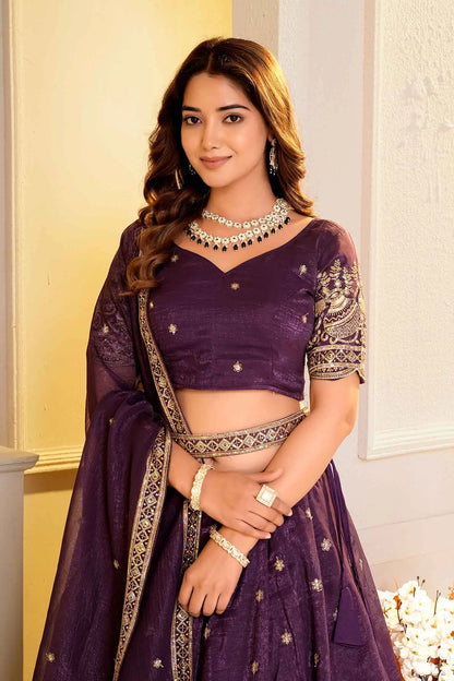 Wine Embroidered Crunchy Silk Lehenga Choli