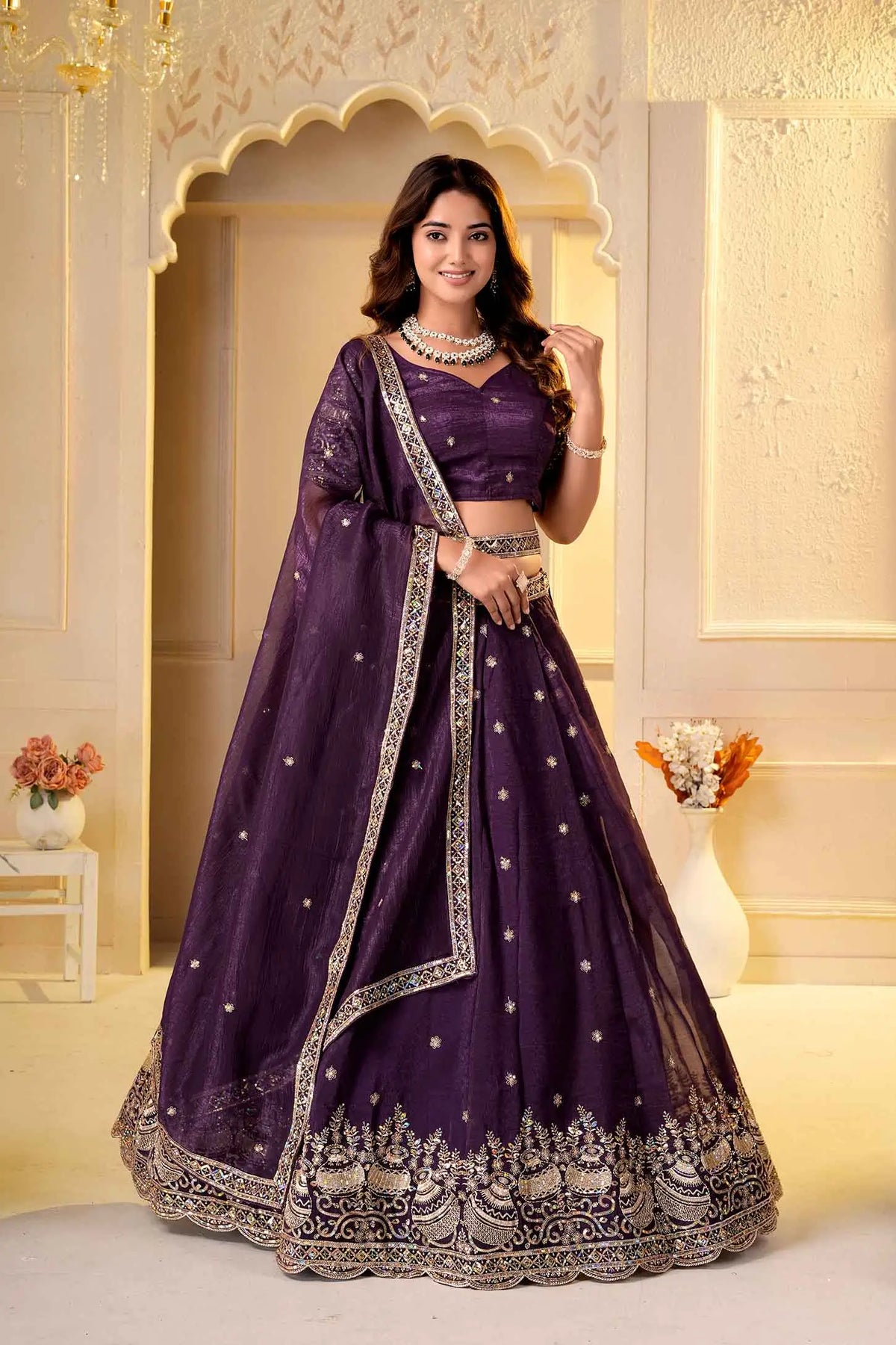 Wine Embroidered Crunchy Silk Lehenga Choli