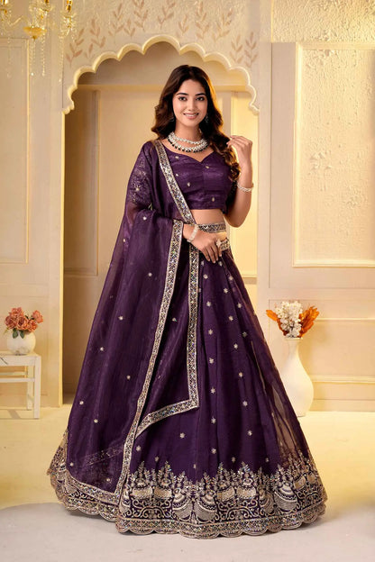 Wine Embroidered Crunchy Silk Lehenga Choli