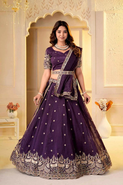 Wine Embroidered Crunchy Silk Lehenga Choli