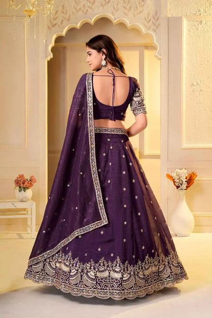 Wine Embroidered Crunchy Silk Lehenga Choli