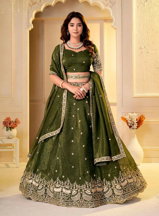 Dark Green Embroidered Silk Lehenga Choli