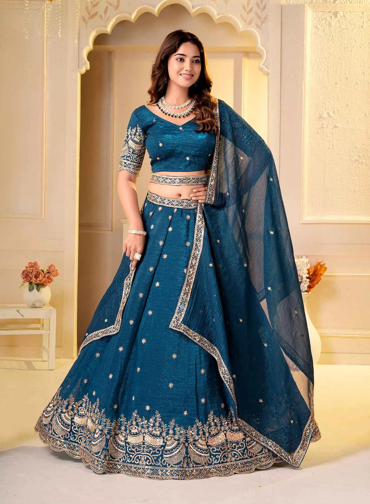 Teal Blue Embroidered Silk Lehenga Choli