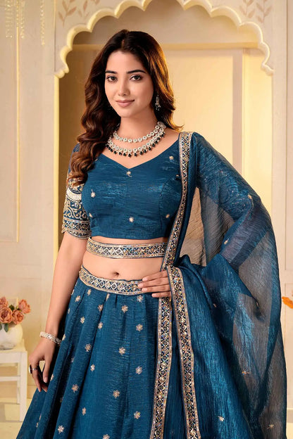 Teal Blue Embroidered Silk Lehenga Choli