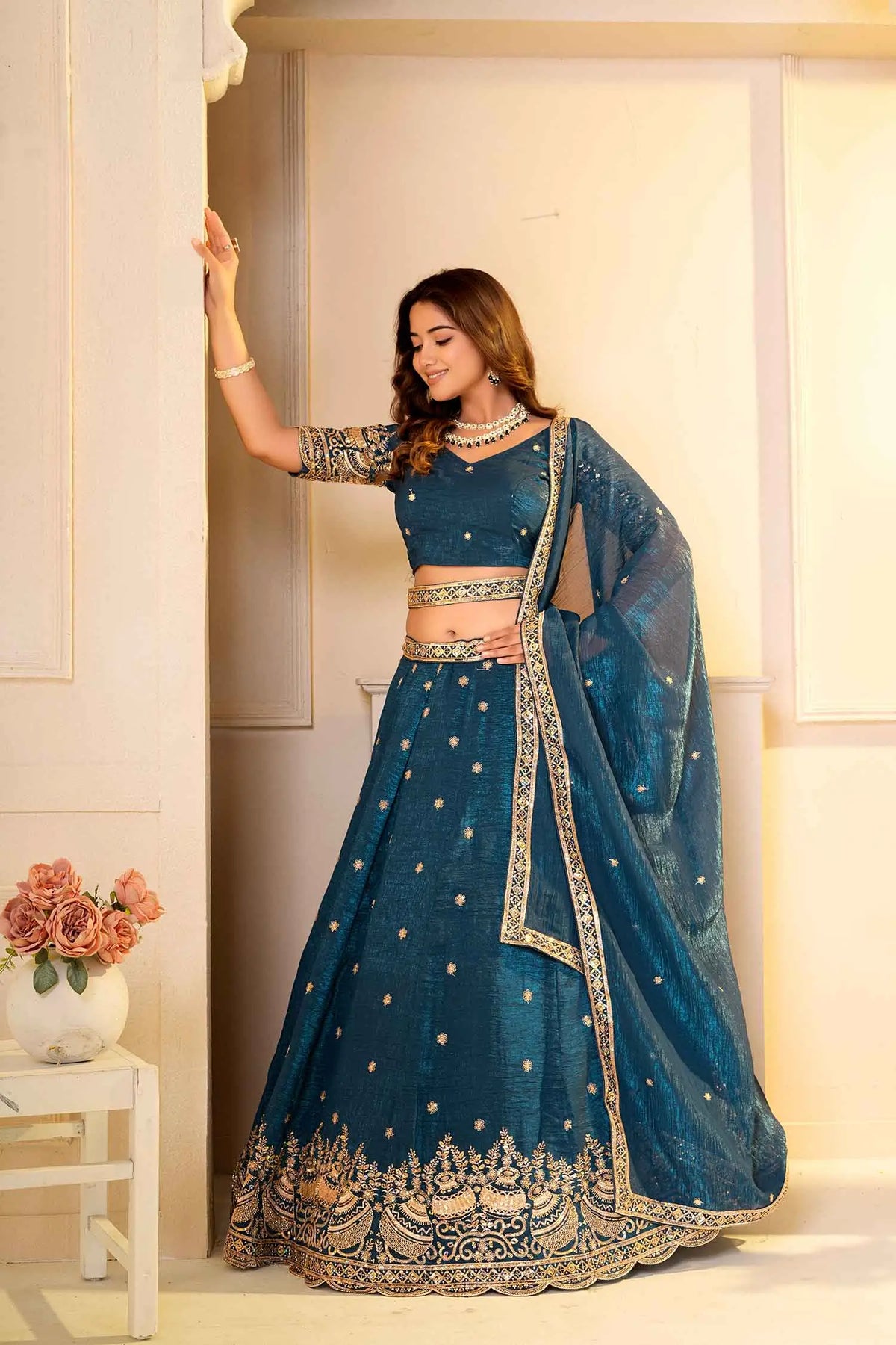 Teal Blue Embroidered Silk Lehenga Choli