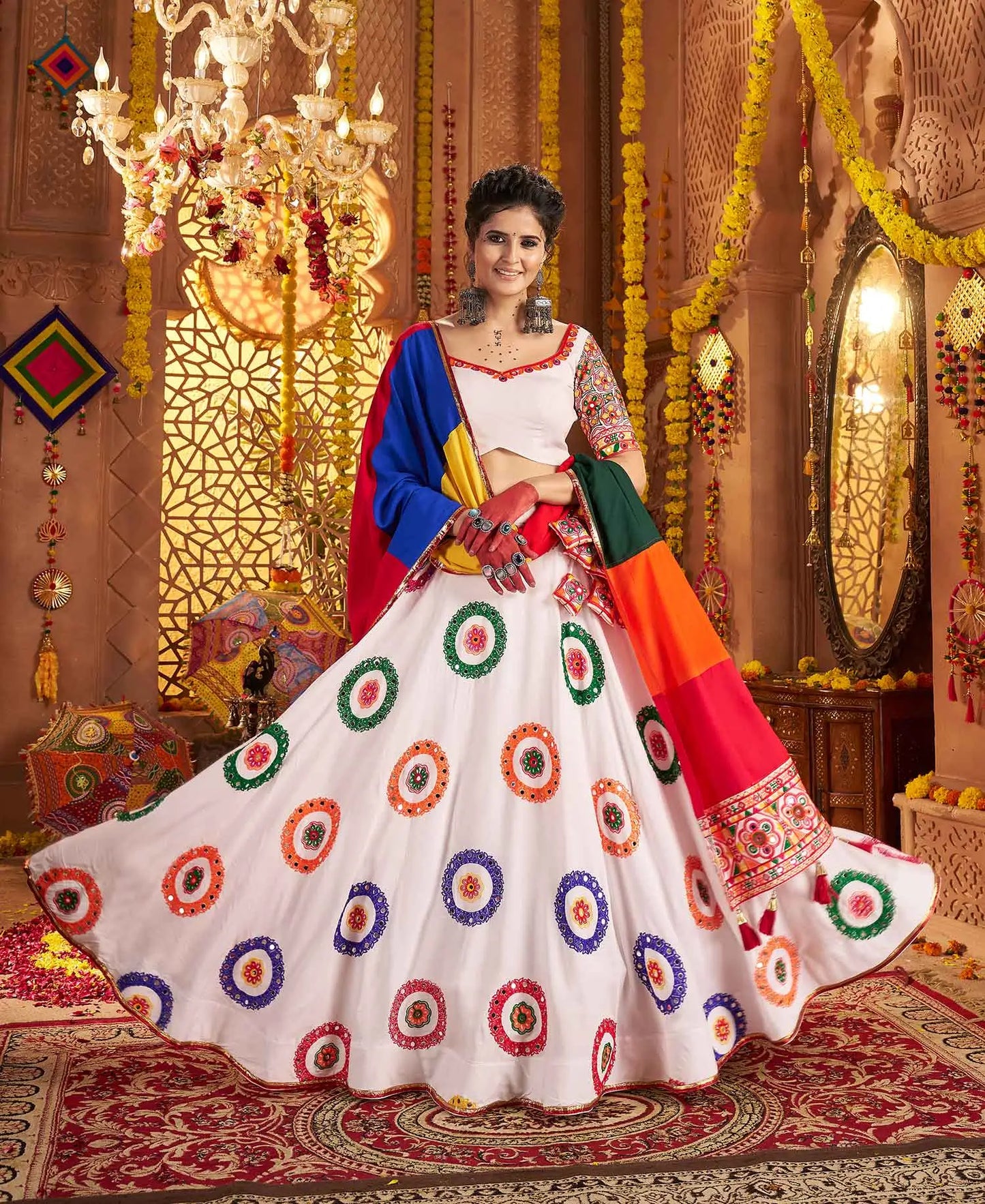 White Navratri Lehenga With Embroidery & Mirror Work With Colorful Dupatta
