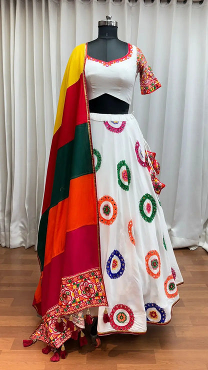White Navratri Lehenga With Embroidery & Mirror Work With Colorful Dupatta