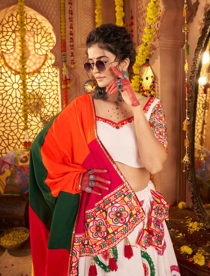 White Navratri Lehenga With Embroidery & Mirror Work With Colorful Dupatta