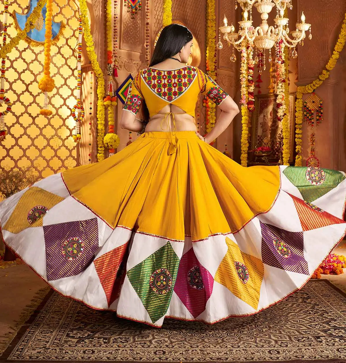 Yellow Navratri Lehenga With Embroidery & Colorful Jacquard Patch Work