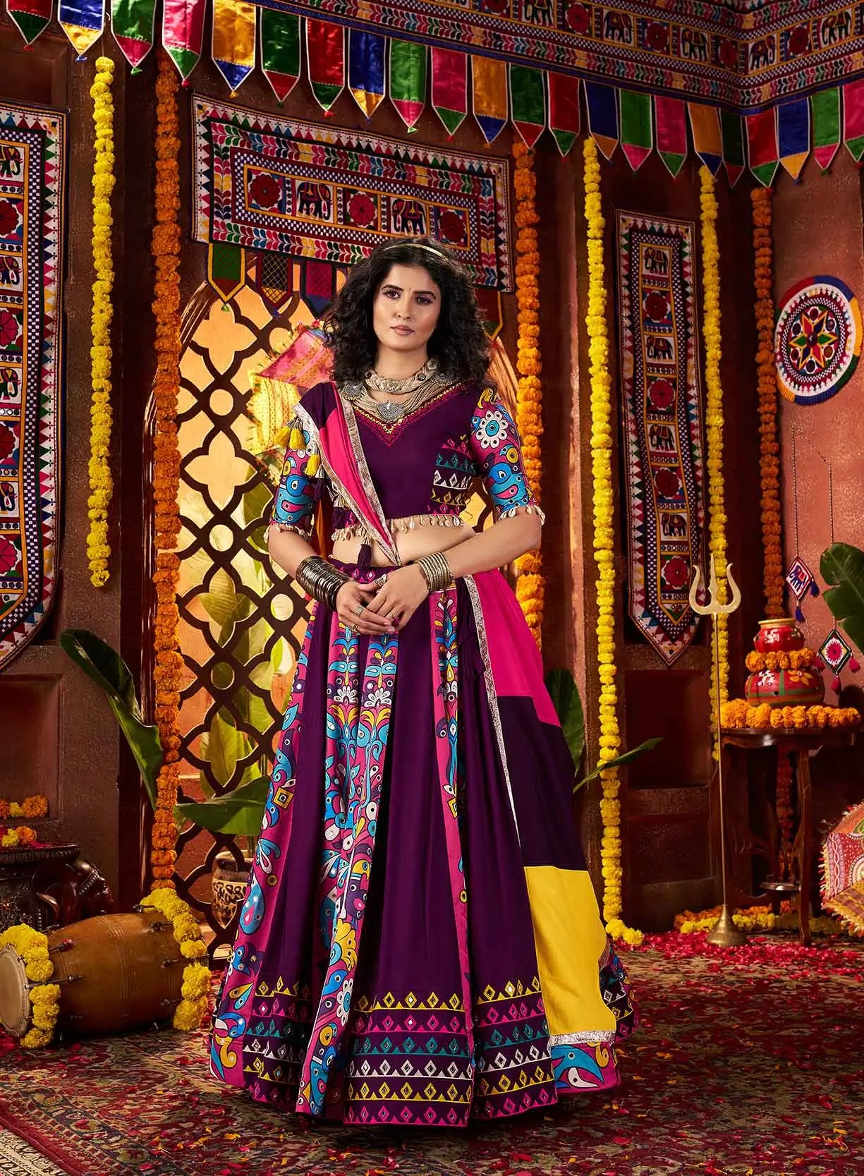 Purple Digital Print With Thread And Mirror Work Lehenga For Navratri