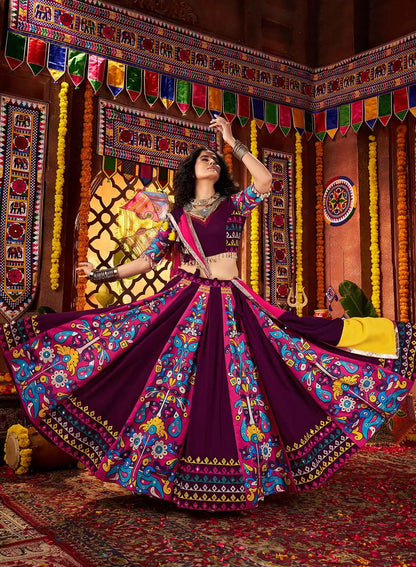 Purple Digital Print With Thread And Mirror Work Lehenga For Navratri