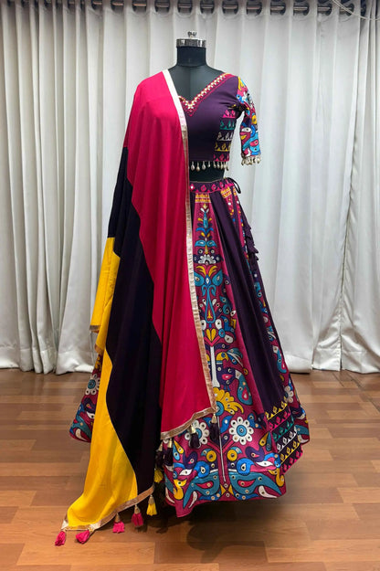 Purple Digital Print With Thread And Mirror Work Lehenga For Navratri