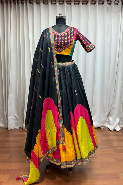 Black Navratri Lehenga Choli With Print & Mirror Work