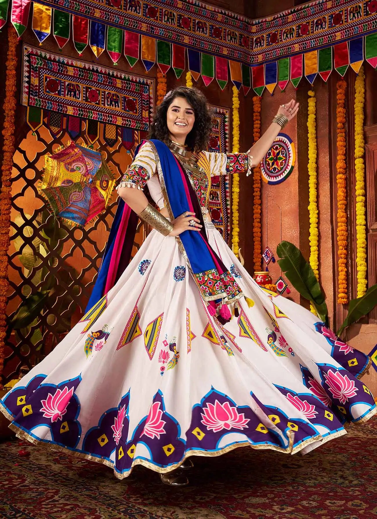Wonderful White Lotus Print With Mirror Work Lehenga For Navratri