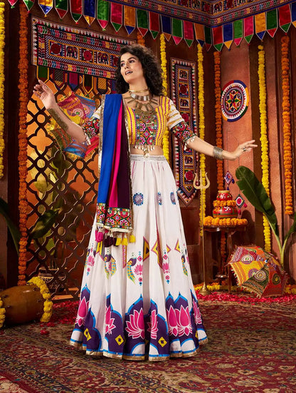 Wonderful White Lotus Print With Mirror Work Lehenga For Navratri