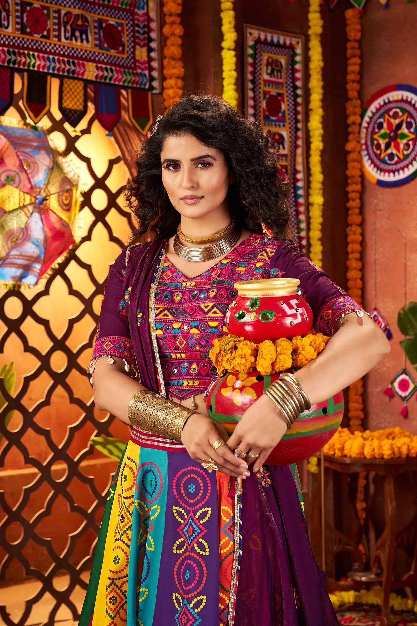Multi Color Digital Print Lehenga With Multi Thread And Mirror Work