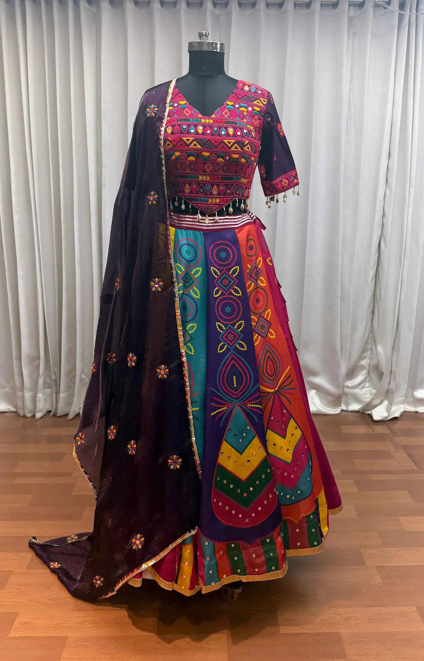 Multi Color Digital Print Lehenga With Multi Thread And Mirror Work
