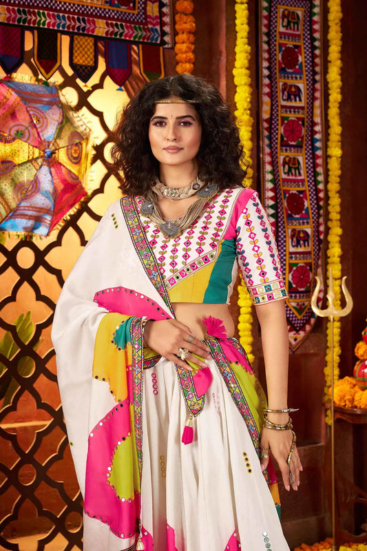White Gajji Silk Digital Print Lehenga With Thread And Mirror Work Choli