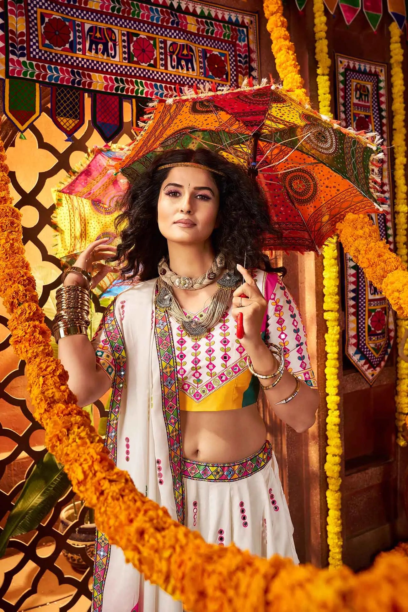 White Gajji Silk Digital Print Lehenga With Thread And Mirror Work Choli