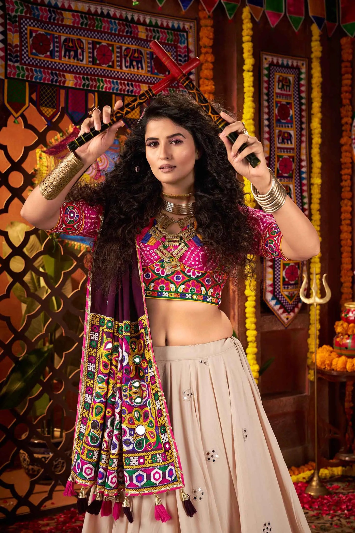 Beautiful Beige Thread And Mirror Work Designer Navratri Lehenga Choli