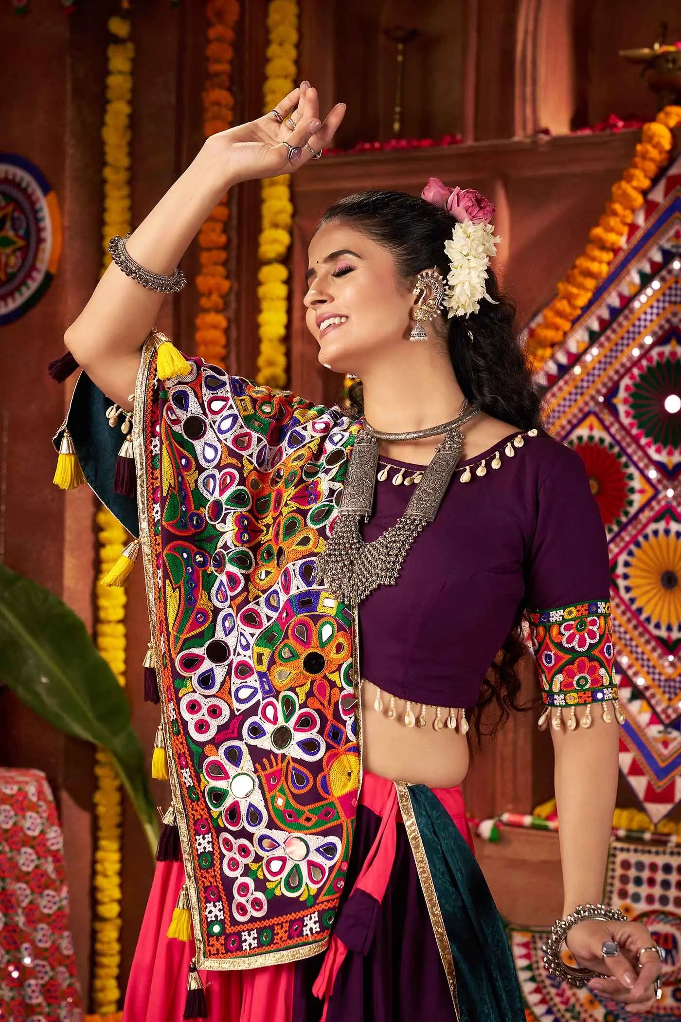 Multi Color Thread And Mirror Work Viscose Cotton Navratri Lehenga Choli