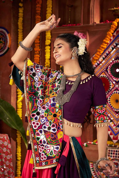 Multi Color Thread And Mirror Work Viscose Cotton Navratri Lehenga Choli