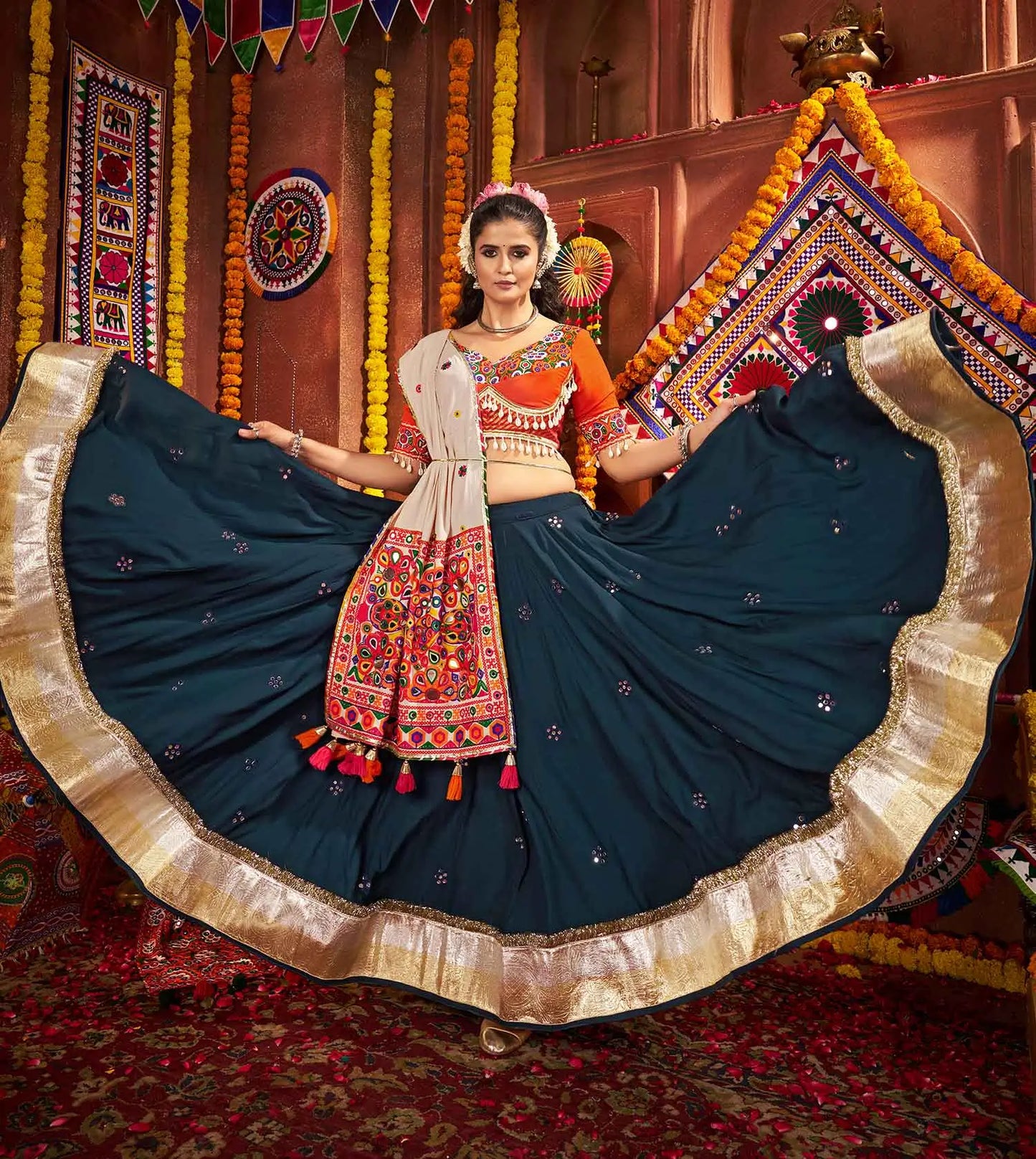 Designer Teal Blue Thread And Mirror Kodi Work Navratri Lehenga Choli