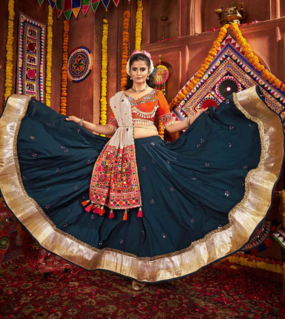 Designer Teal Blue Thread And Mirror Kodi Work Navratri Lehenga Choli