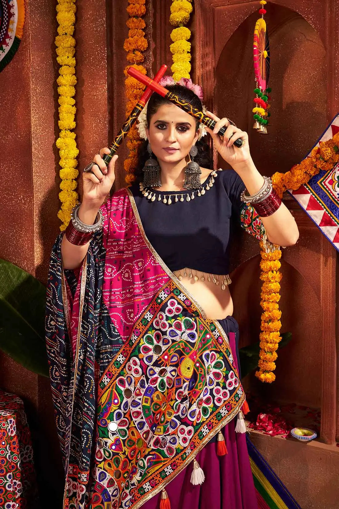 Multi Color Viscose Cotton Navratri Lehenga Choli With Thread And Mirror Work