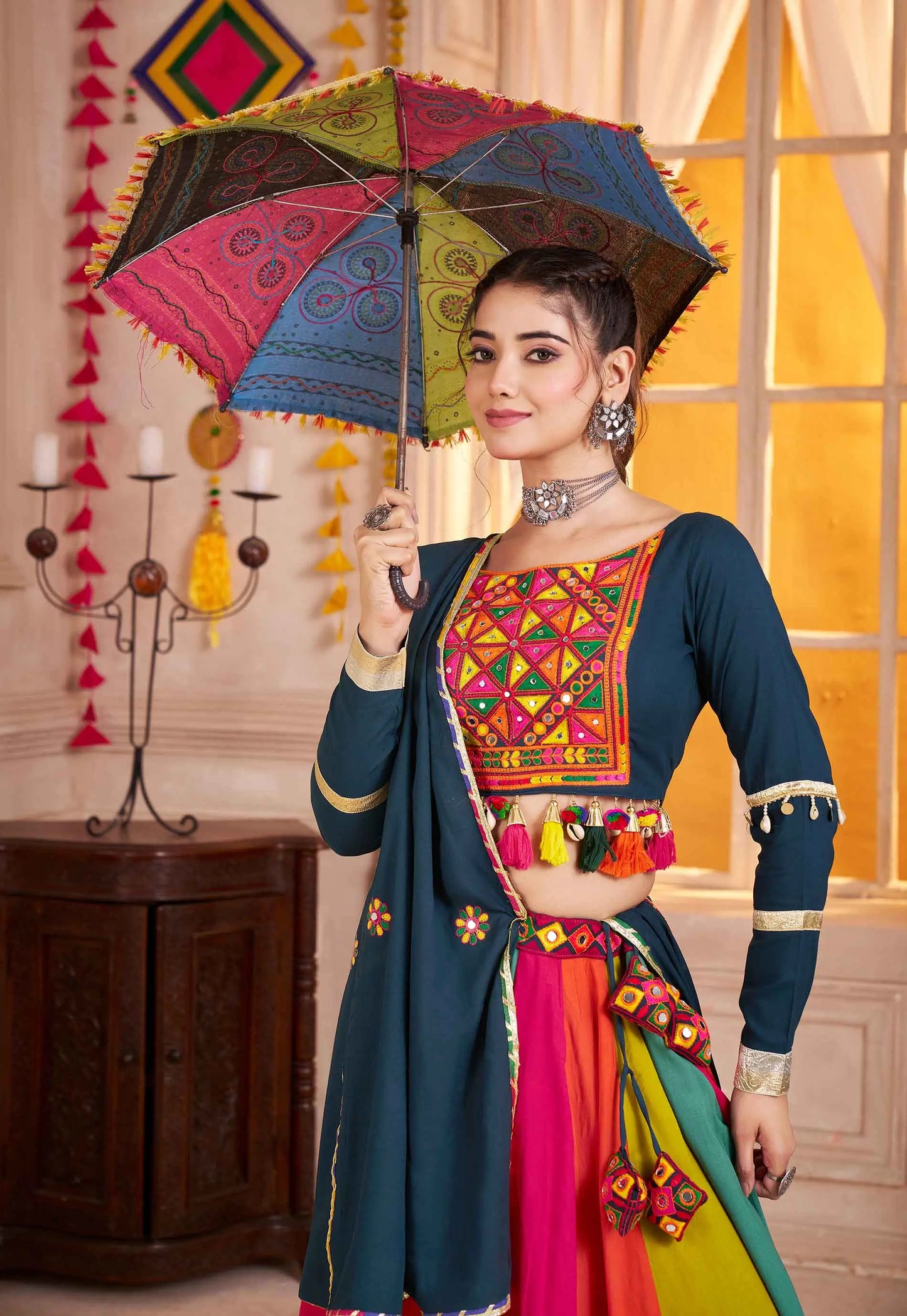 Teal Blue With Multi Color Thread Mirror Work Lehenga Choli For Navratri