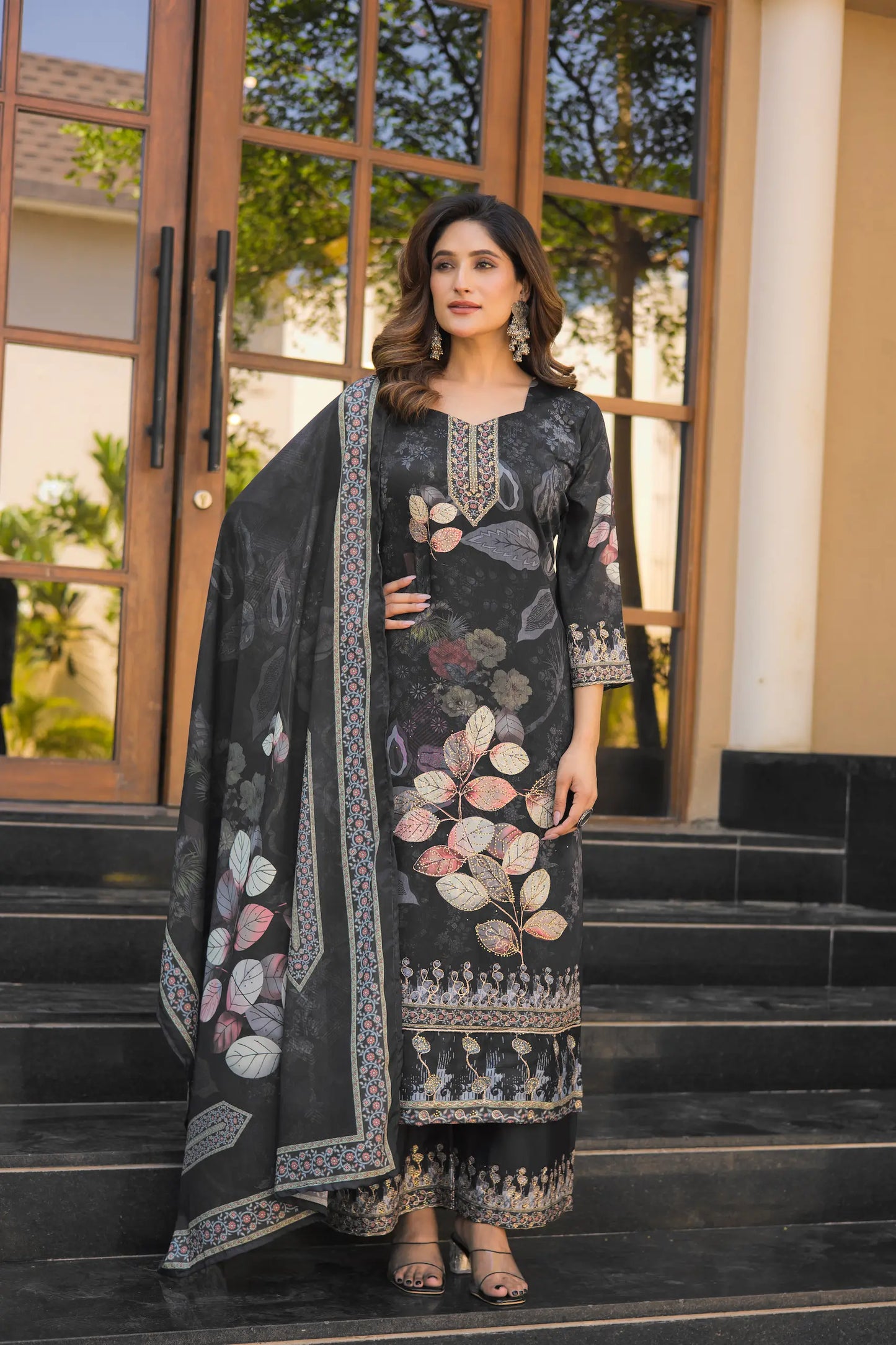 Black Chinon Handwork & Printed Salwar Suit