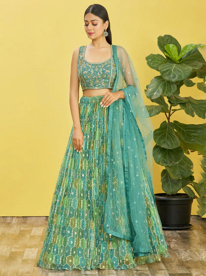 Pistachio Green  Embroidered Choli With Digital  Print Lehenga And Net Dupatta