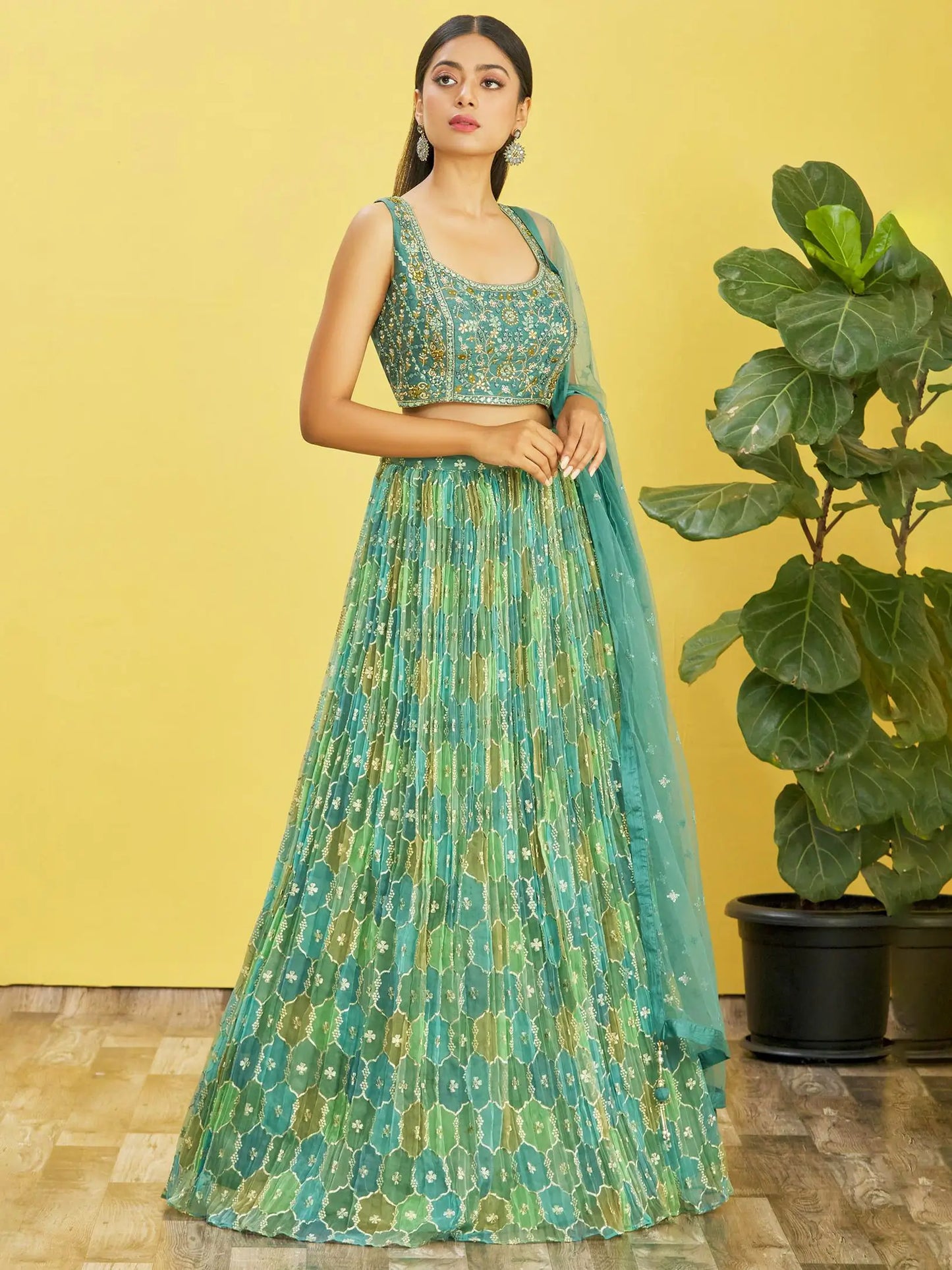 Pistachio Green  Embroidered Choli With Digital  Print Lehenga And Net Dupatta