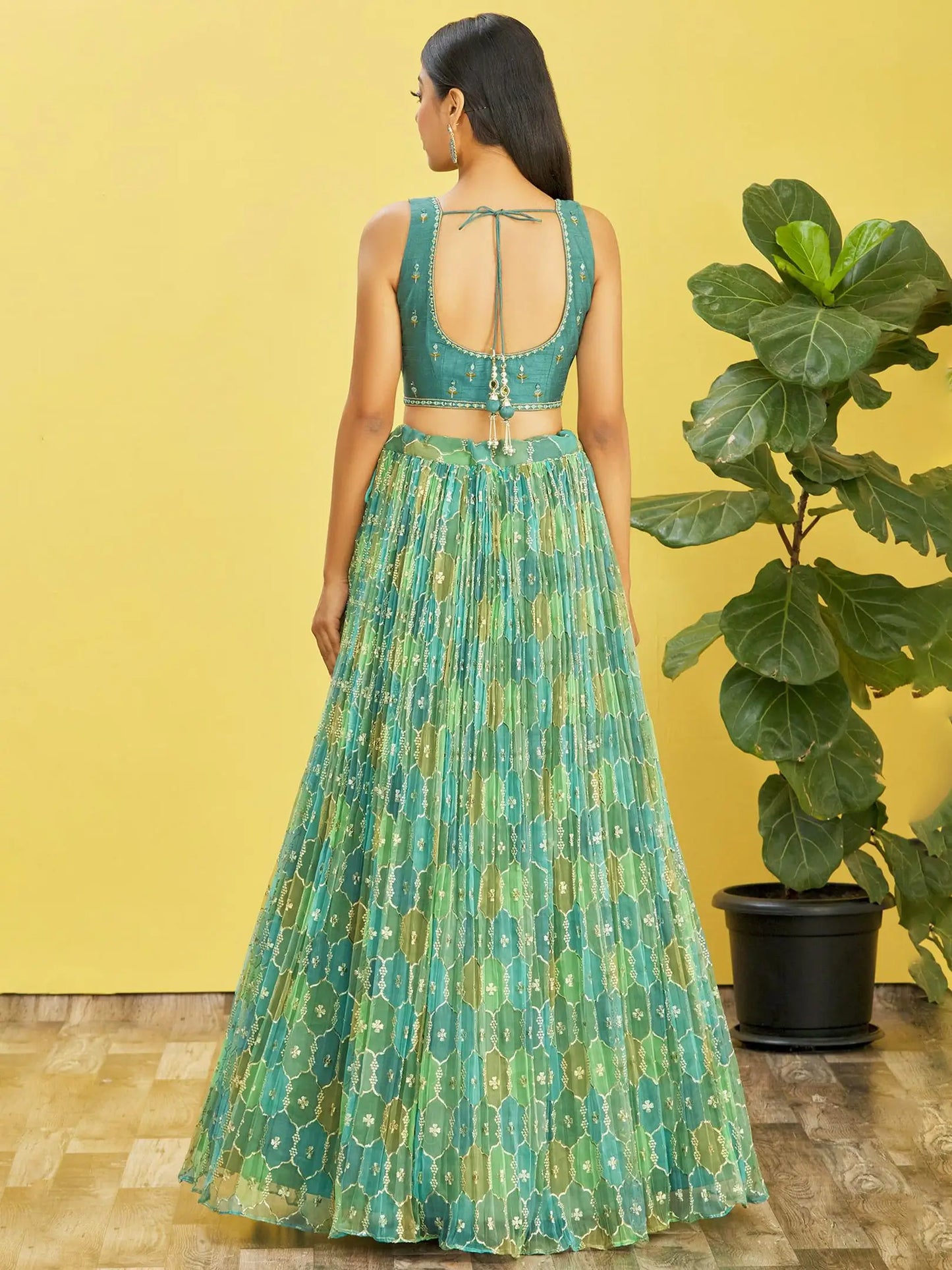 Pistachio Green  Embroidered Choli With Digital  Print Lehenga And Net Dupatta